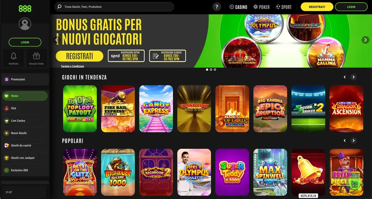 Schermata del sito 888casino con il bonus di benvenuto