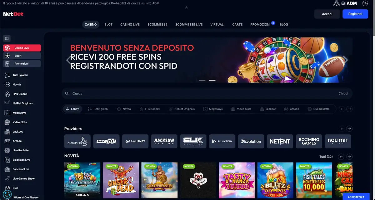 Schermata del sito NetBet con il bonus di benvenuto